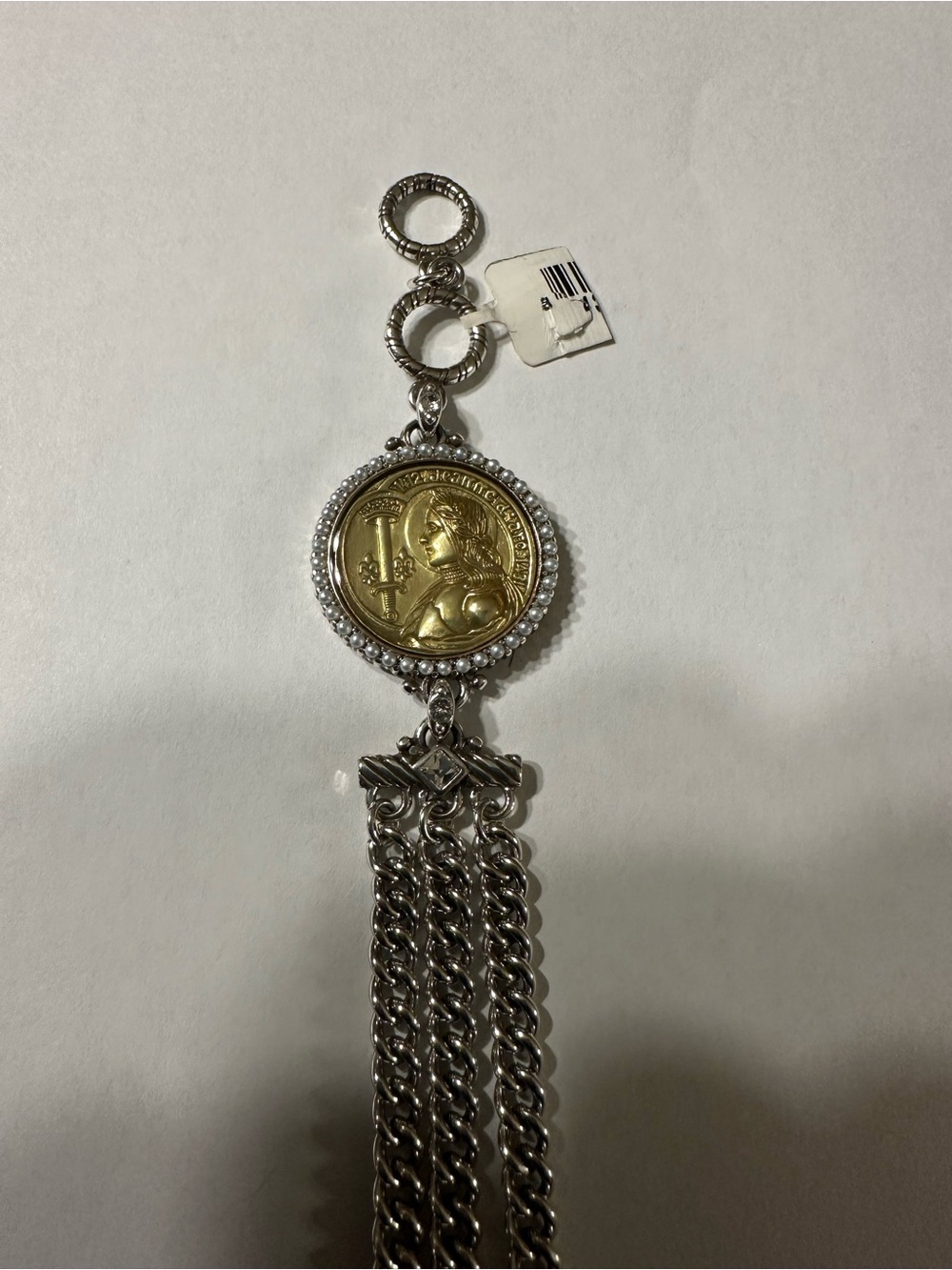 Brighton Gold-Tone Joan of Arc coin bracelet with silver accents and tassel. NWT - Picture 2 of 8